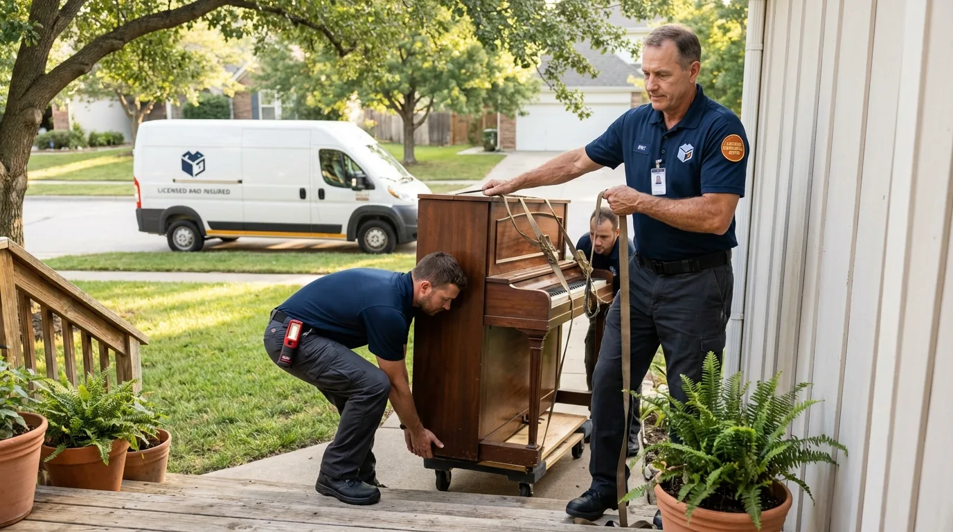 Licensed piano movers securing grand piano in Ottawa, KS